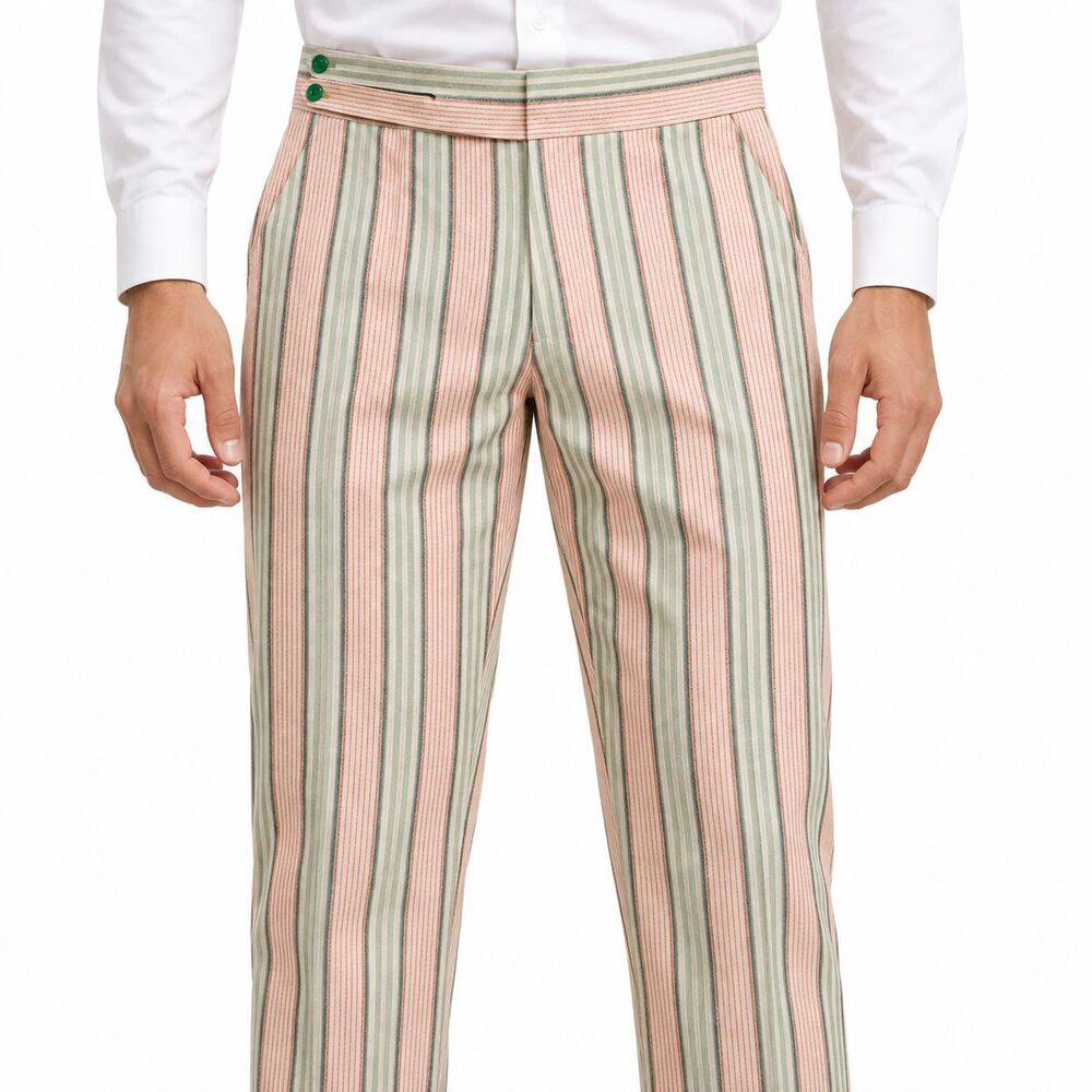 Mens 32 Gurkha Pants Orange Green Stripe Cotton High Waist Straight Fit Trousers
